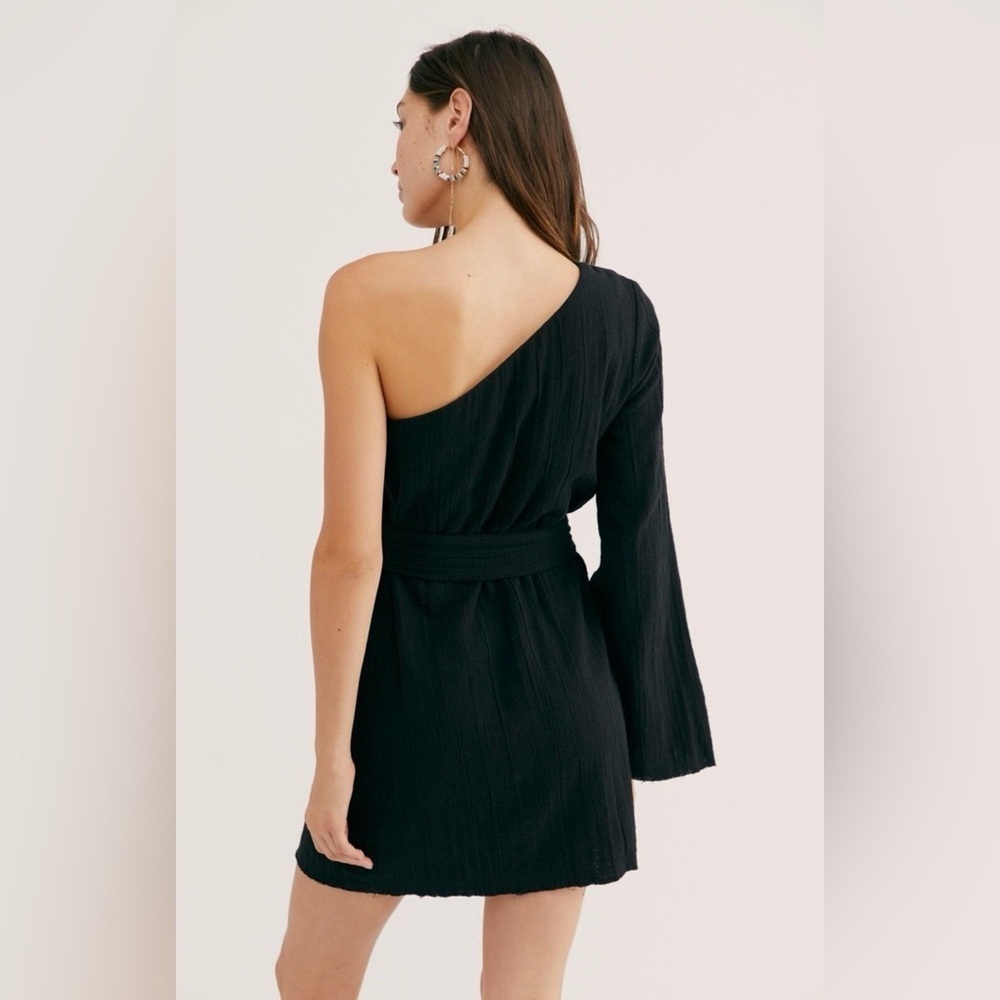 Free People One Shoulder Belted Mini Dress Black Gauze Boho Sz S EUC - Picture 2 of 7
